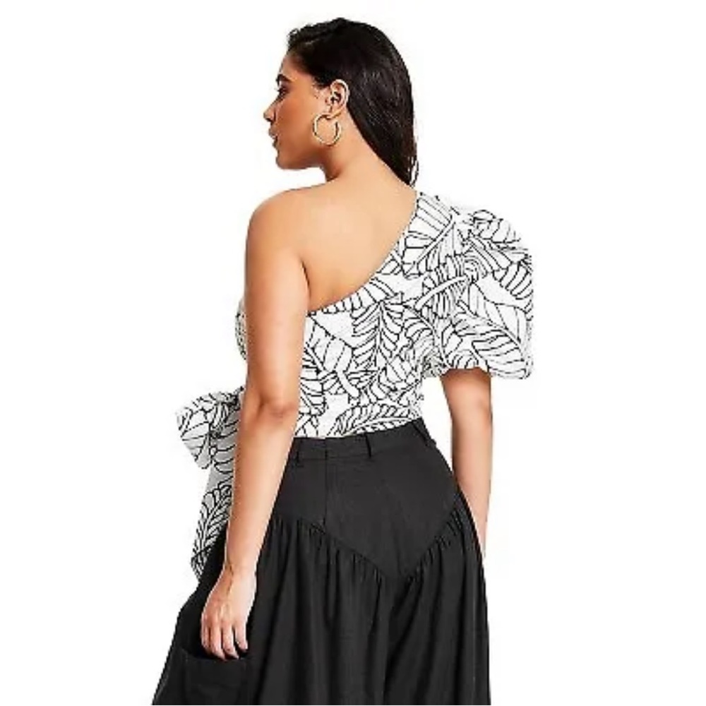 Women's size 14 Sketch Palm Leaf Print Wrap Tie One Shoulder Fe Noel Bla… - Picture 2 of 4